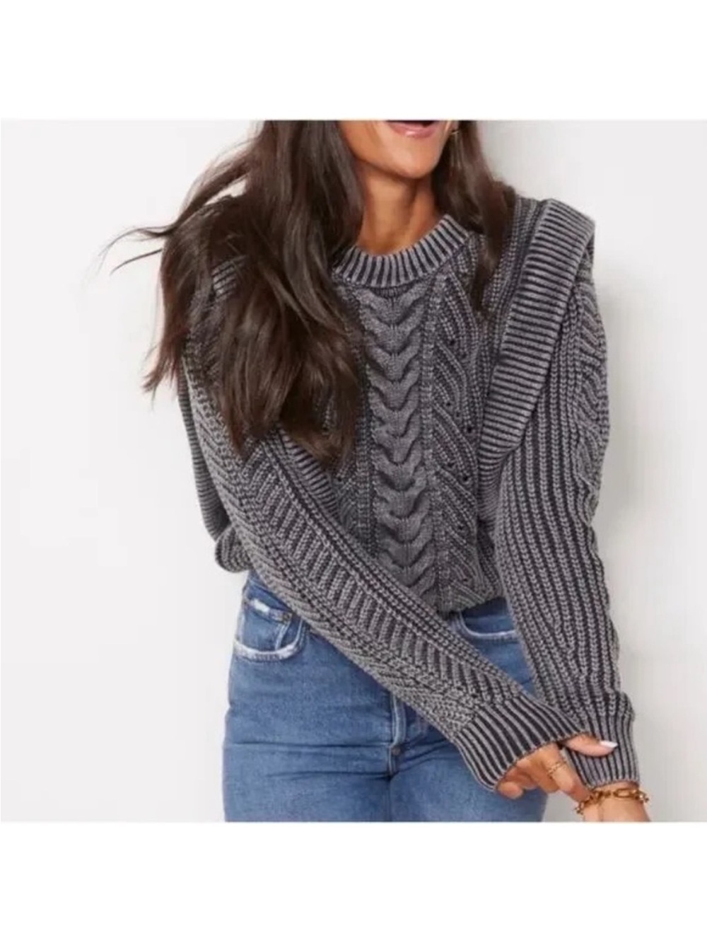 Evereve Gray Cable-Front Crewneck Sweater